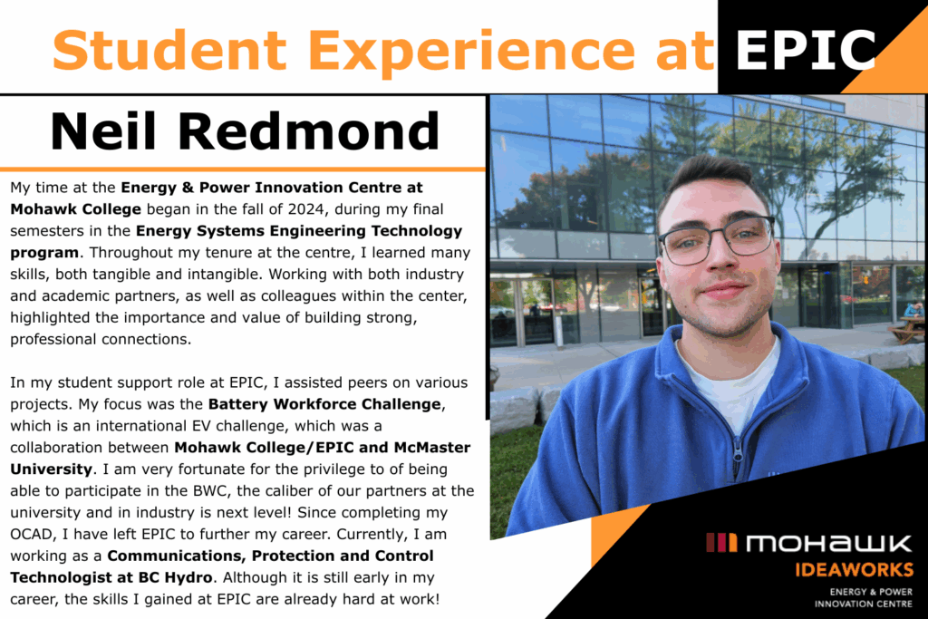 Promotional student spotlight graphic titled “Student Experience at EPIC.” The left side features the name “Neil Redmond.” The text reads: “My time at the Energy & Power Innovation Centre at Mohawk College began in the fall of 2024, during my final semesters in the Energy Systems Engineering Technology program. Throughout my tenure at the centre, I learned many skills, both tangible and intangible. Working with both industry and academic partners, as well as colleagues within the center, highlighted the importance and value of building strong, professional connections. In my student support role at EPIC, I assisted peers on various projects. My focus was the Battery Workforce Challenge, which is an international EV challenge, which was a collaboration between Mohawk College/EPIC and McMaster University. I am very fortunate for the privilege of being able to participate in the BWC, the caliber of our partners at the university and in industry is next level! Since completing my OCAD, I have left EPIC to further my career. Currently, I am working as a Communications, Protection and Control Technologist at BC Hydro. Although it is still early in my career, the skills I gained at EPIC are already hard at work!” On the right side is a portrait photograph of Neil Redmond wearing glasses and a blue sweater, standing outdoors in front of a modern glass building with trees reflected in the windows. The bottom-right corner displays the Mohawk IDEAWORKS logo along with the text “Energy & Power Innovation Centre.”