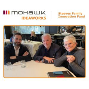 The IDEAWORKS logo, along with "Steeves Family Innovation Fund" is featured over an image of the Steeves family sitting at a table.