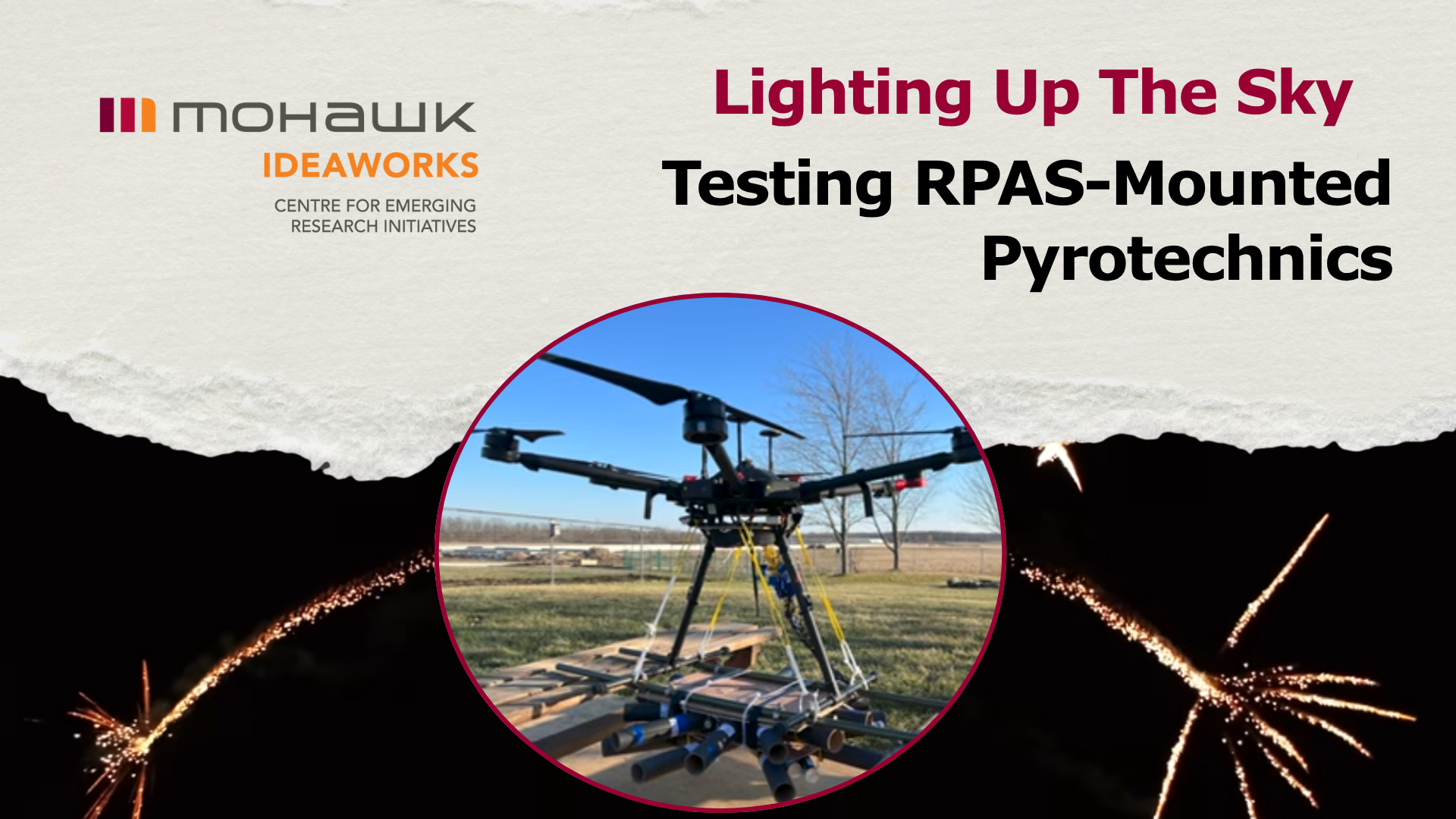 Promotional banner for the IDEAWORKS Centre for Emerging Research Initiatives project “Lighting Up The Sky: Testing RPAS-Mounted Pyrotechnics.” The design shows the Mohawk IDEAWORKS logo on a torn-paper background with bold red and black text on the right. A circular photo in the centre features a large drone equipped with pyrotechnic launch tubes on a wooden test platform outdoors, while bright fireworks trails frame the bottom edge of the image.