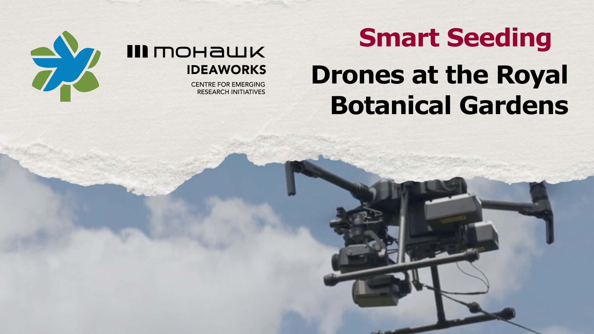 Promotional banner for “Smart Seeding: Drones at the Royal Botanical Gardens.” The image features a close-up of a professional drone equipped with sensors and cameras flying against a cloudy blue sky. The Mohawk IDEAWORKS and Centre for Emerging Research Initiatives logos appear on the left, with the project title in bold black and red text on a torn paper background across the top.