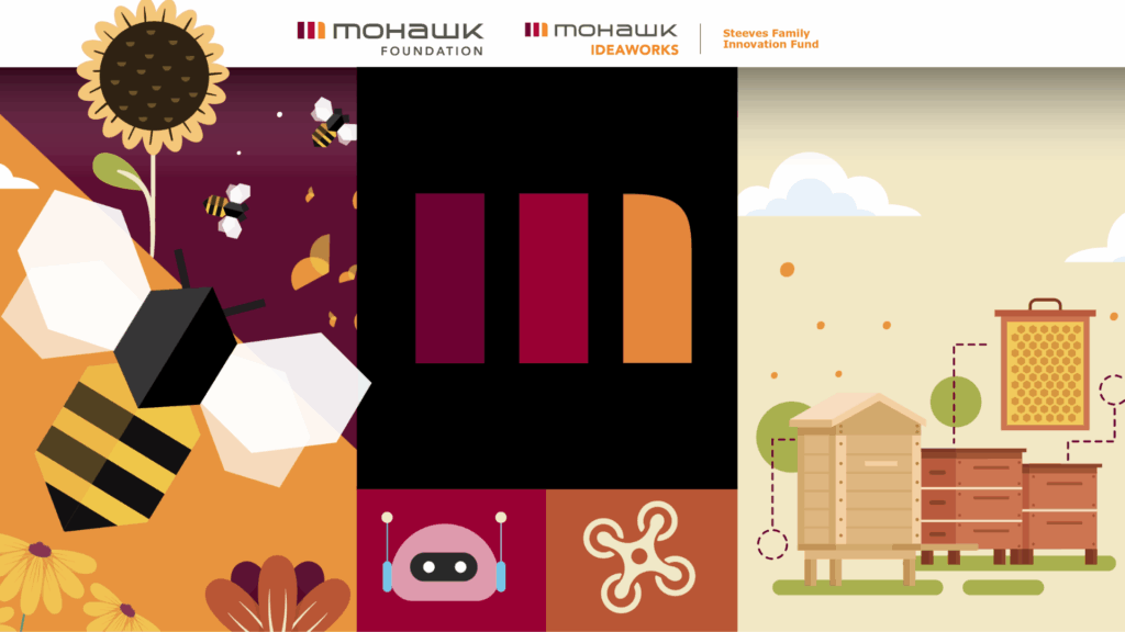 A wide graphic featuring stylized illustrations of bees, flowers, drones, and research icons arranged in three vertical panels. The Mohawk Foundation and Mohawk IDEAWORKS logos appear at the top with the text Steeves Family Innovation Fund.