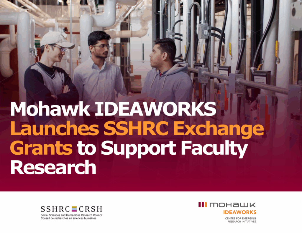 Three people stand in a mechanical or lab facility, discussing a document beside industrial piping and equipment. Overlaid text reads: “Mohawk IDEAWORKS Launches SSHRC Exchange Grants to Support Faculty Research.” SSHRC/CRSH and Mohawk IDEAWORKS logos appear at the bottom of the image.