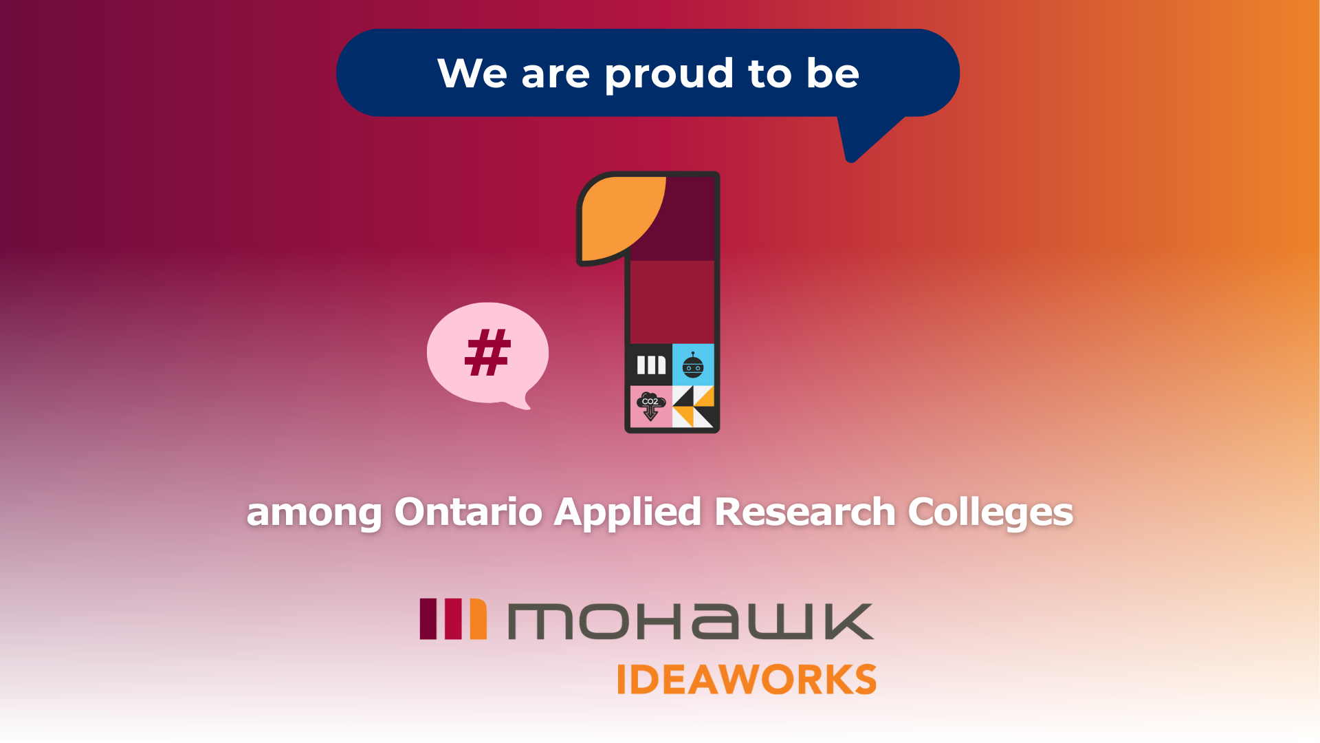 A gradient graphic with the text “We are proud to be” displayed in a blue speech bubble above a large number one icon decorated with small research-themed symbols. Below it reads “among Ontario Applied Research Colleges.” The Mohawk IDEAWORKS logo appears at the bottom.