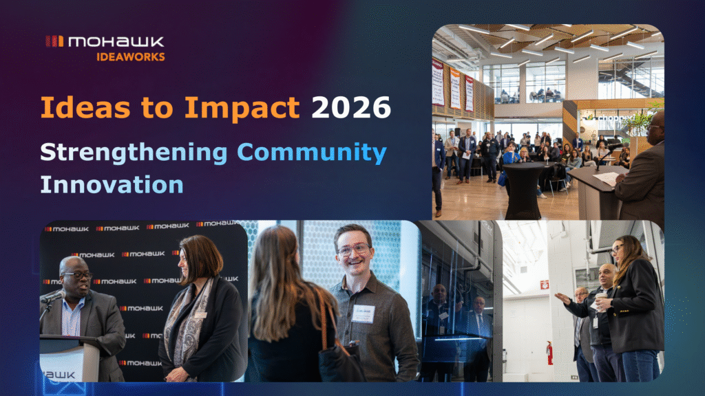 A promotional collage for Mohawk IDEAWORKS' "Ideas to Impact 2026" event. The image features event speakers, networking attendees, and researchers in a lab alongside the text "Strengthening Community Innovation."