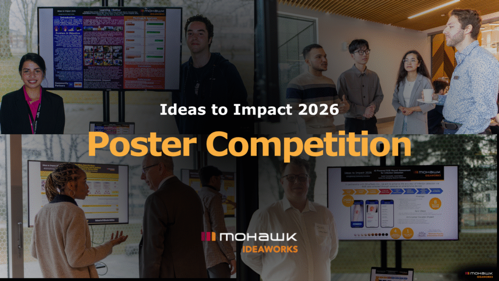 Collage of photographs showing researchers and attendees presenting and viewing research posters at the Ideas to Impact 2026 conference. Top left: woman in dark blazer smiling next to blue and burgundy research poster on display monitor. Top center and right: group of five attendees standing and observing poster presentations, with wooden ceiling visible. Bottom left: woman in beige cardigan gesturing while explaining yellow and black research poster to attendees. Bottom center: man in glasses viewing poster on display monitor. Bottom right: man viewing blue and orange research poster on display monitor. Large white text overlay reads "Ideas to Impact 2026" with gold text below reading "Poster Competition." Mohawk IdeaWorks logo in orange and black appears in bottom center and corner.