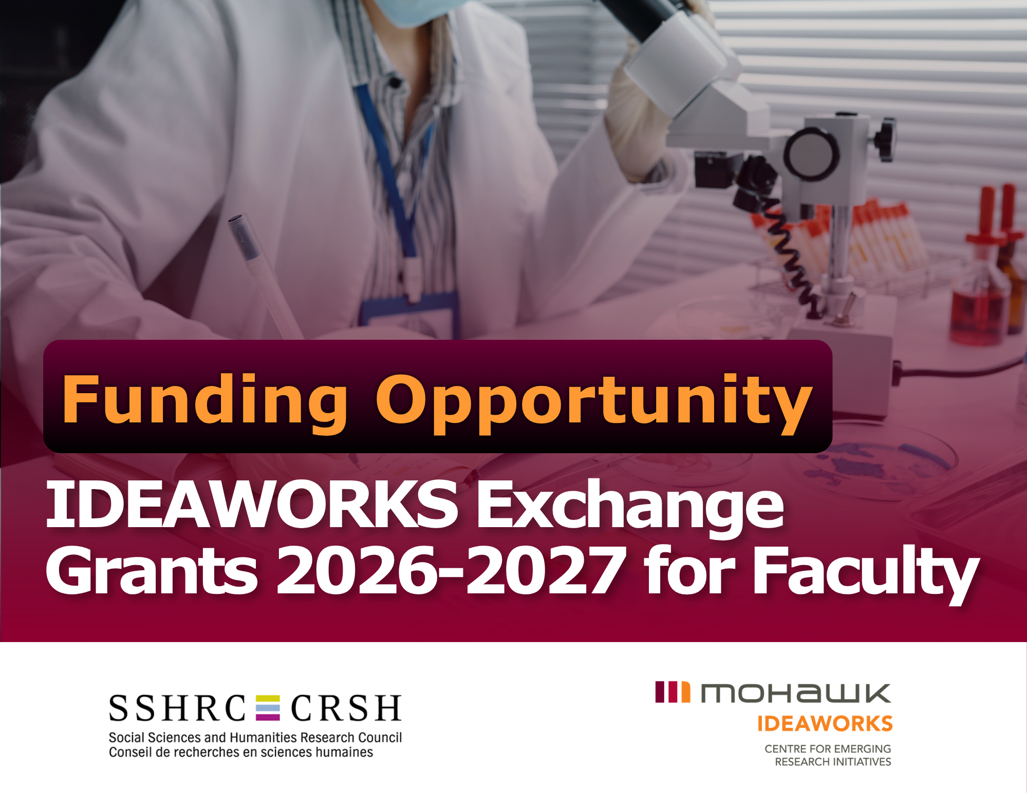 A promotional graphic for a "Funding Opportunity" featuring a person in a white lab coat working in a research setting with a microscope and test tubes, overlaid with a purple-toned filter. Large white and orange text reads: "IDEAWORKS Exchange Grants 2026-2027 for Faculty." The bottom of the image features the logos for the Social Sciences and Humanities Research Council (SSHRC) and Mohawk IDEAWORKS Centre for Emerging Research Initiatives.